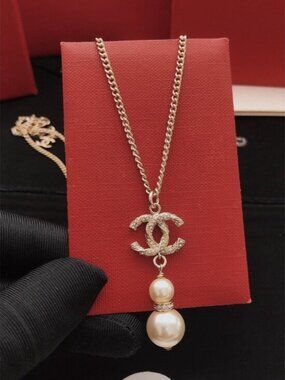 Chanel-Style Double C Pearl Pendant Necklace, Elegant Vibe